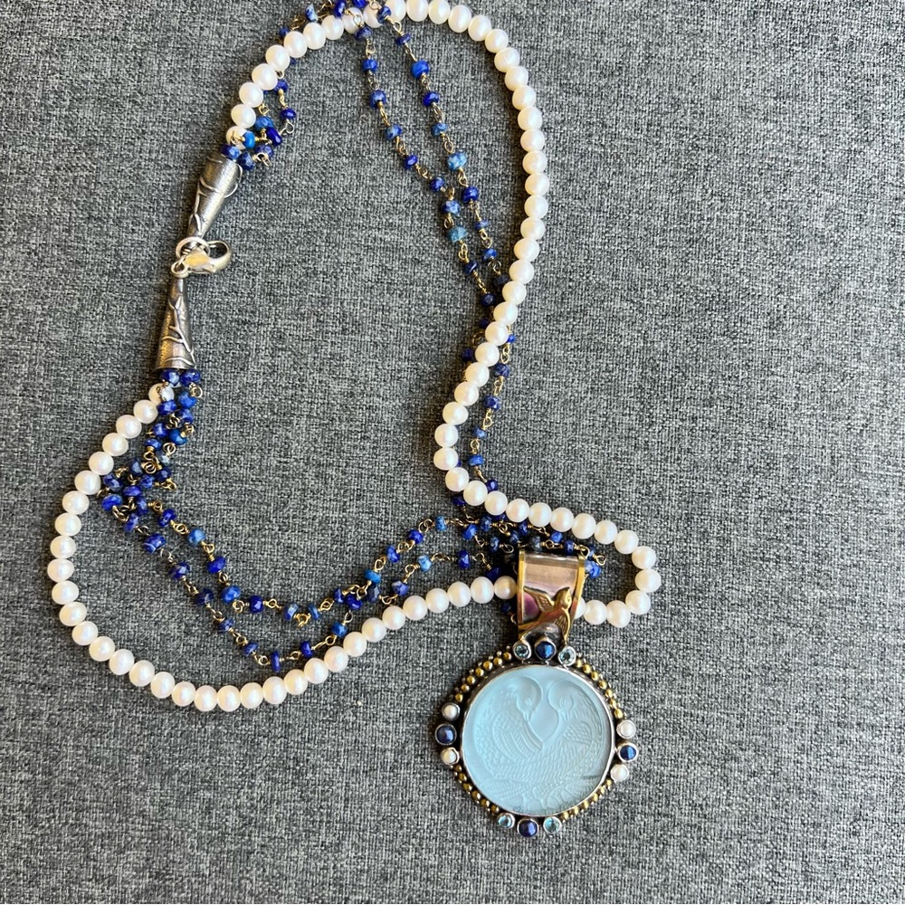 MARS & VALENTINE Sterling, Pearl, and double-Strand Lapis Necklace  Wing Pendant